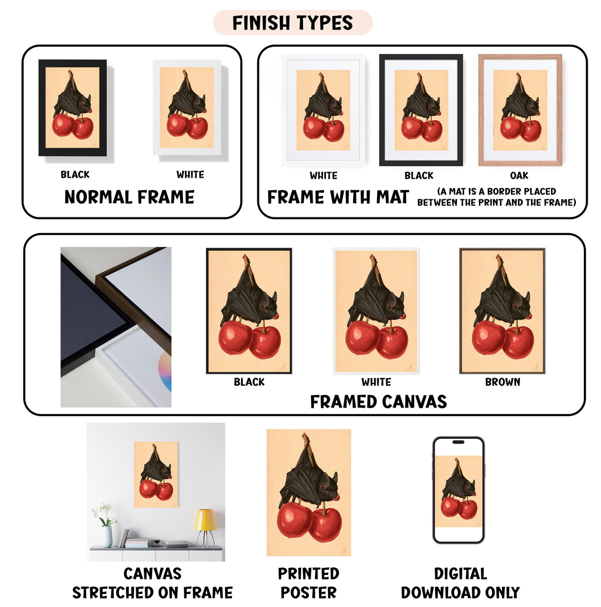 various finish types for a framed artwork, including a normal frame, a frame with a mat, a black frame, a white frame, a black frame, a white framed canvas, a stretched canvas, a printed poster, and a digital download only.