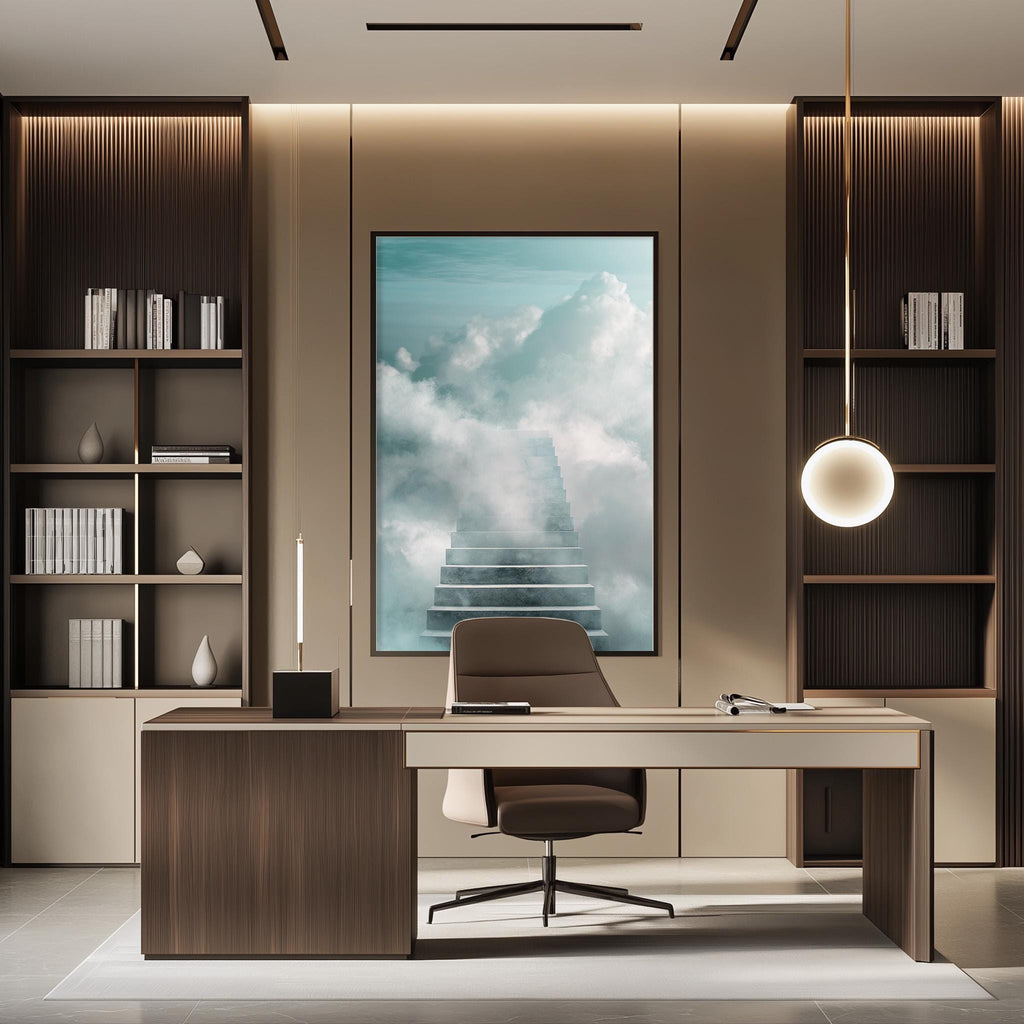 a modern and minimalist office space with a large window that offers a view of a sky with clouds. The office features a wooden desk, a comfortable-looking chair, and a large framed artwork depicting a staircase leading to a cloud-filled sky. The room is well-lit, with a pendant light hanging above the desk and a bookshelf filled with books on the left side.
