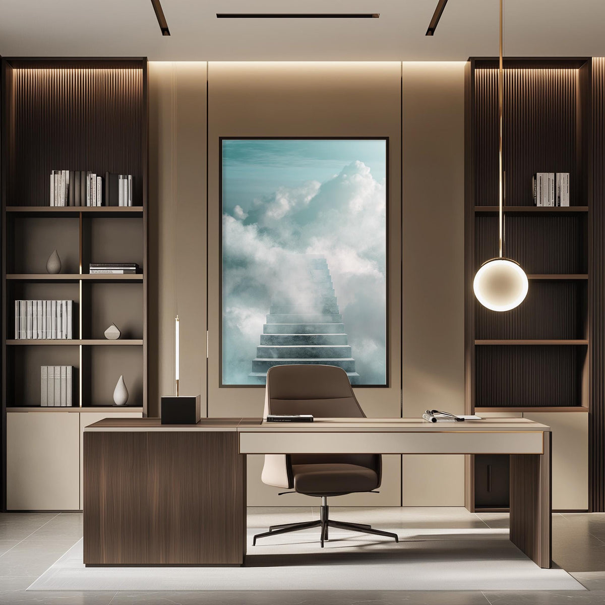 a modern and minimalist office space with a large window that offers a view of a sky with clouds. The office features a wooden desk, a comfortable-looking chair, and a large framed artwork depicting a staircase leading to a cloud-filled sky. The room is well-lit, with a pendant light hanging above the desk and a bookshelf filled with books on the left side.