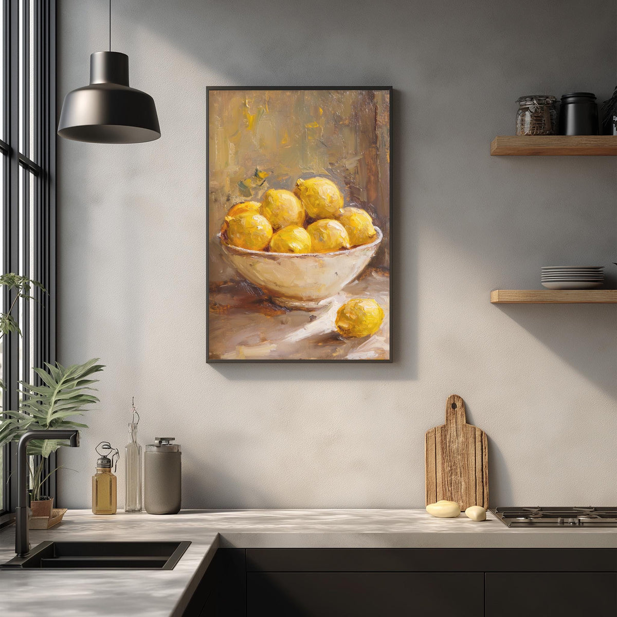 a kitchen counter with a framed painting of lemons in a bowl hanging above it. The painting is a realistic representation of a bowl filled with lemons, creating a warm and inviting atmosphere in the kitchen.