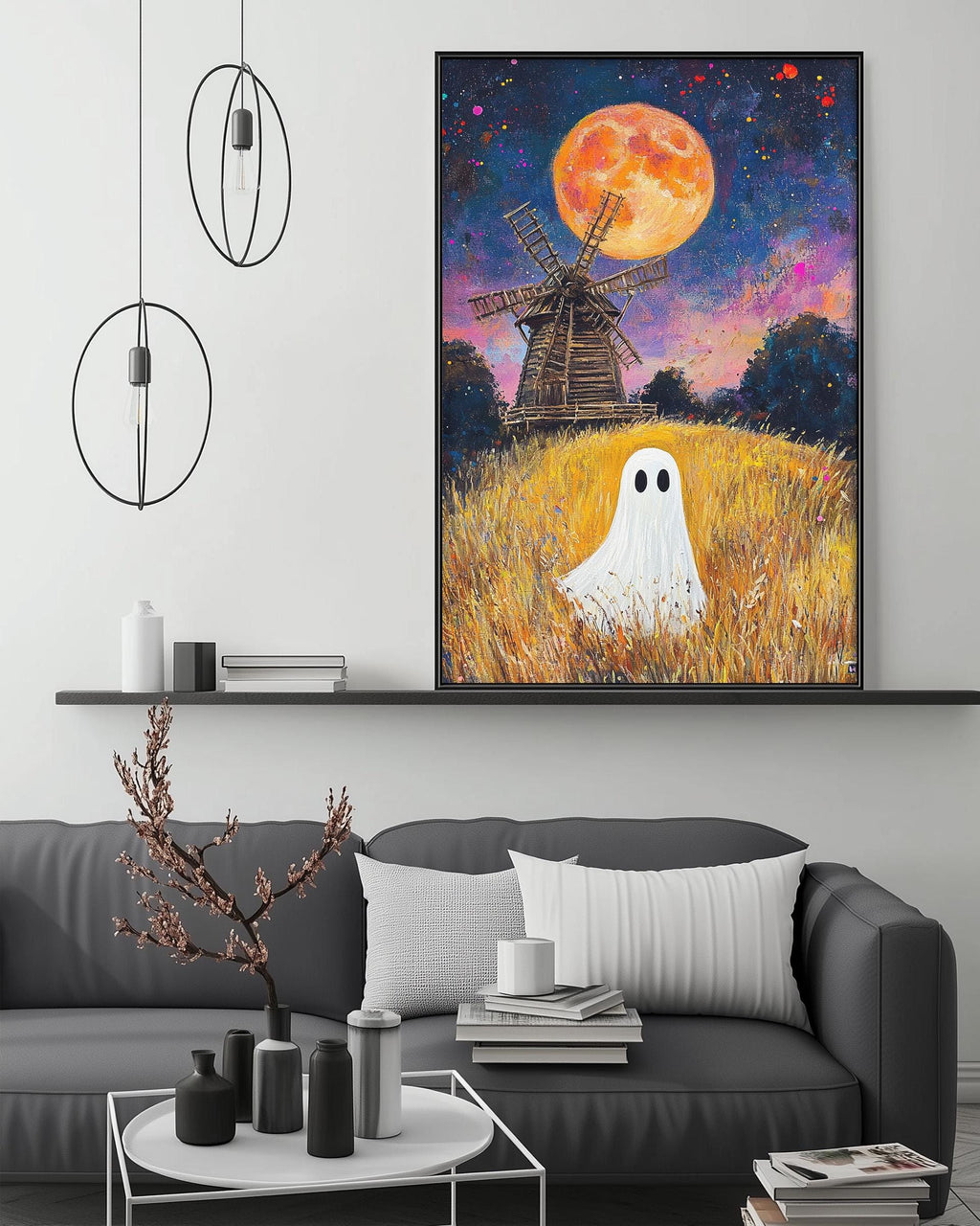 a large painting of a ghost standing in a field with a windmill in the background, set against a night sky with a large, bright moon.