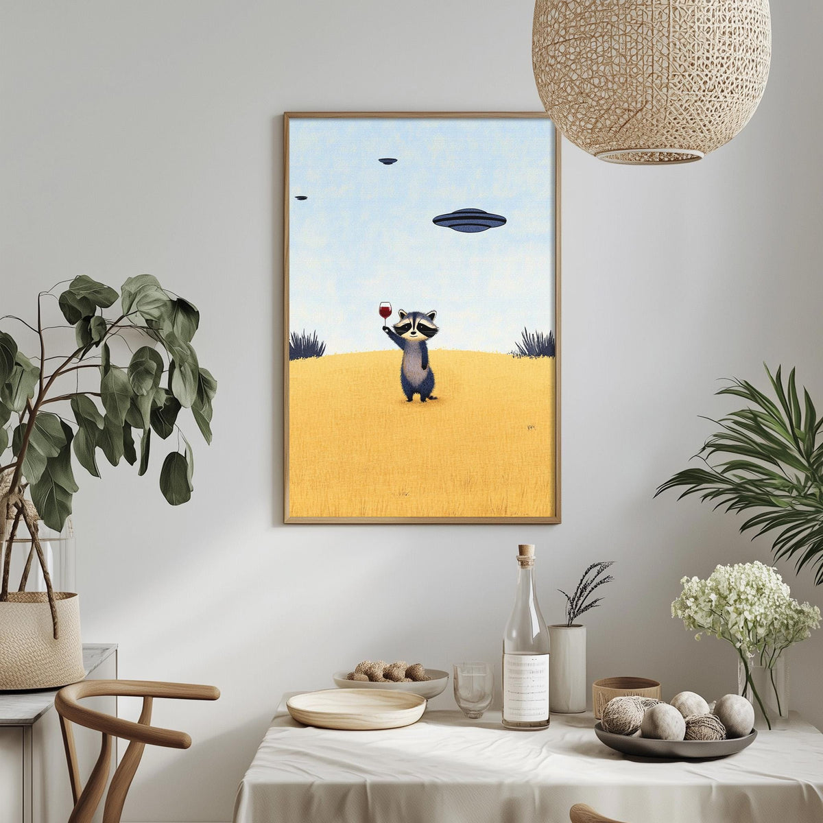 a framed painting of a raccoon standing on a yellow field, with a blue sky and flying saucers in the background. The painting is hung on a wall above a dining table with various items on it, including a bottle, a bowl, and a vase.