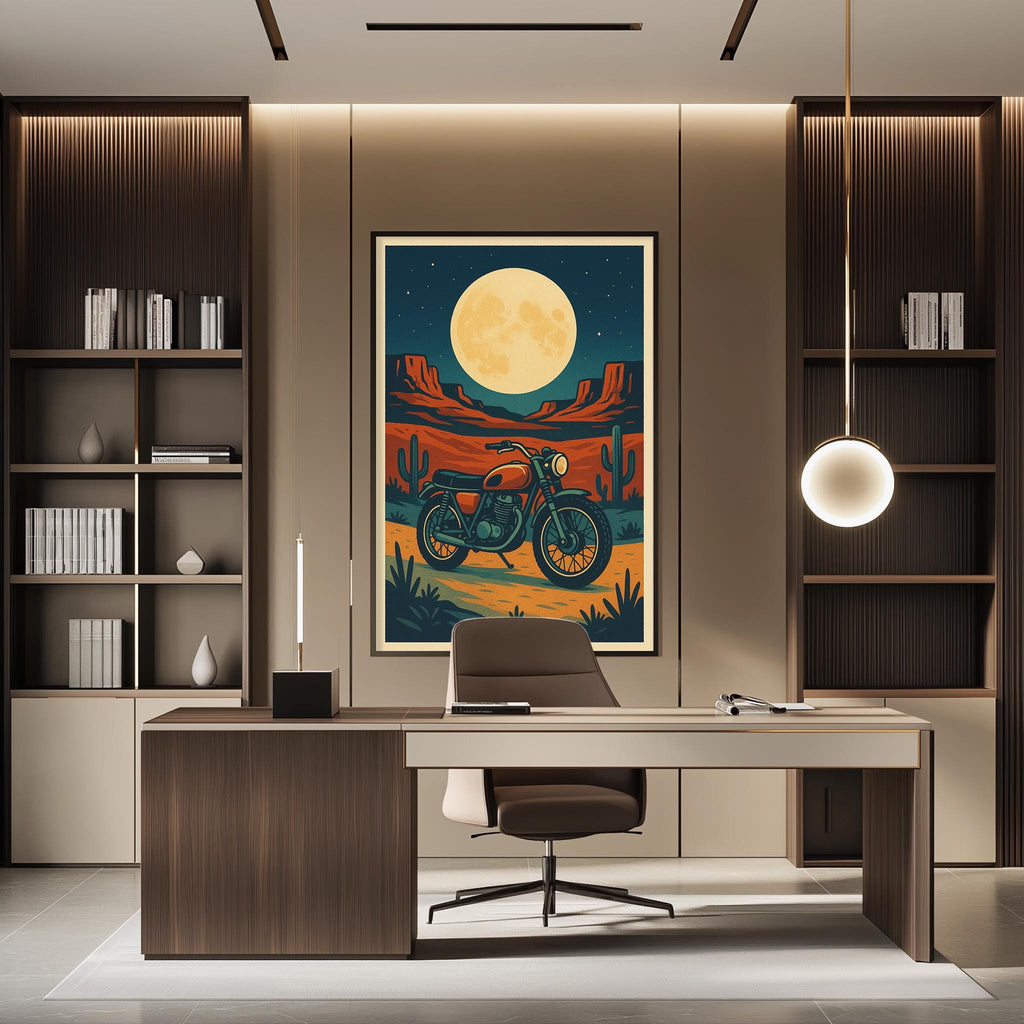 a modern office space with a large framed poster of a desert landscape with a motorcycle in the center. The poster is hung on the wall above a desk with a chair in front of it. The office has a minimalist design with wooden shelves and a round light fixture hanging from the ceiling.