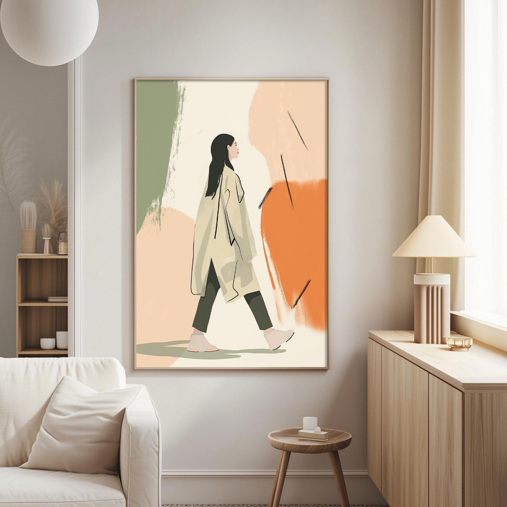 a living room with a large abstract painting of a woman in a coat hanging on the wall. The painting is surrounded by a minimalist and modern design, with a white sofa, a wooden side table, and a lamp on a nearby table.