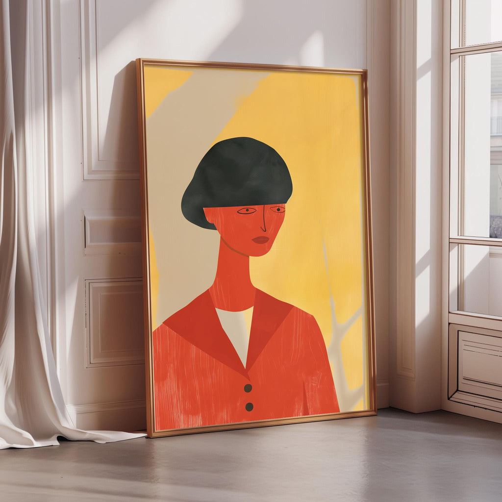 a large, colorful painting of a woman with a black hat, displayed on a wall in a room with a window.