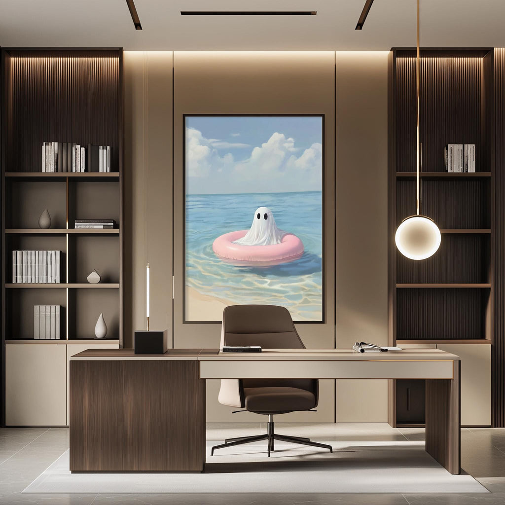 a modern office space with a large framed artwork of a ghost floating on a pink inner tube in the ocean, situated between two bookshelves.