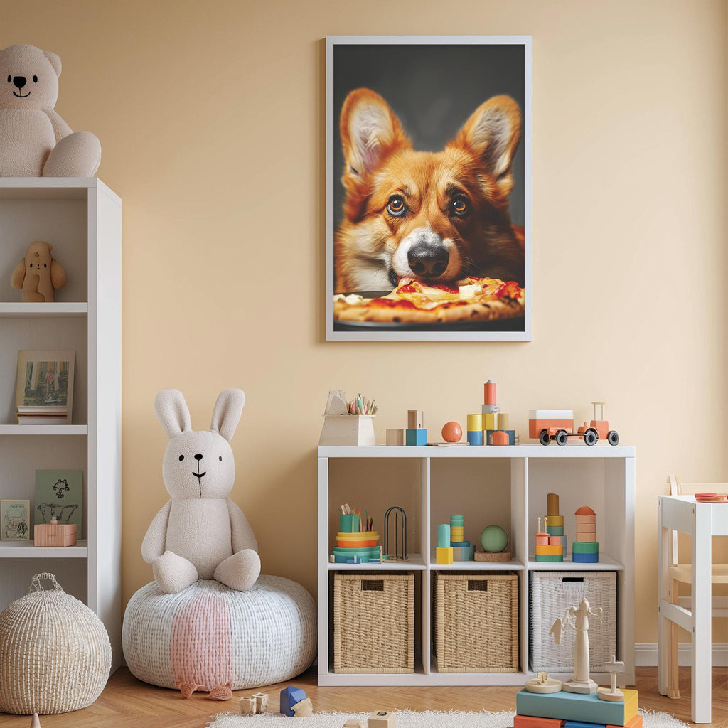 a cozy and playful children's room, featuring a stuffed rabbit, a stuffed dog, and a framed picture of a dog eating pizza. The room also contains a bookshelf, a toy chest, and a toy train set, creating a warm and inviting atmosphere for a child's playtime.
