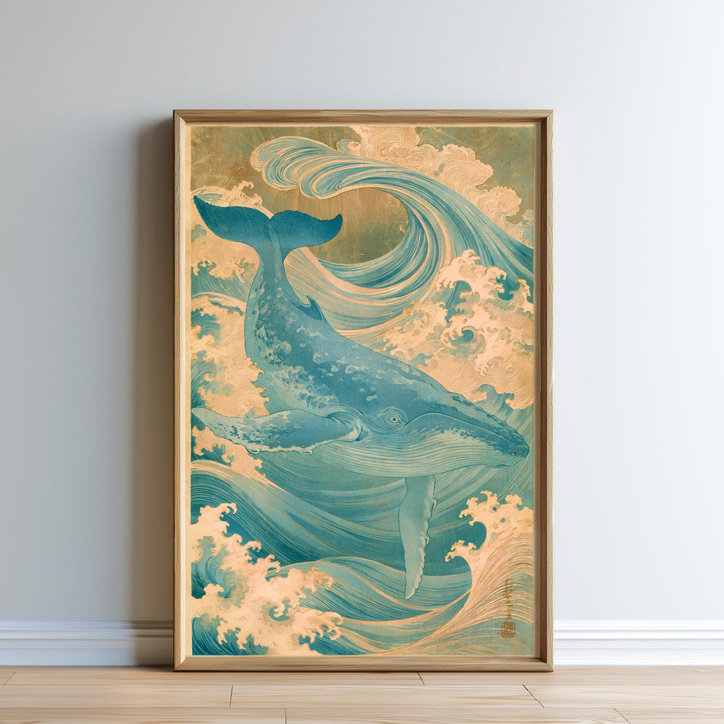 The image is a framed artwork depicting a large blue whale swimming amidst waves and clouds.