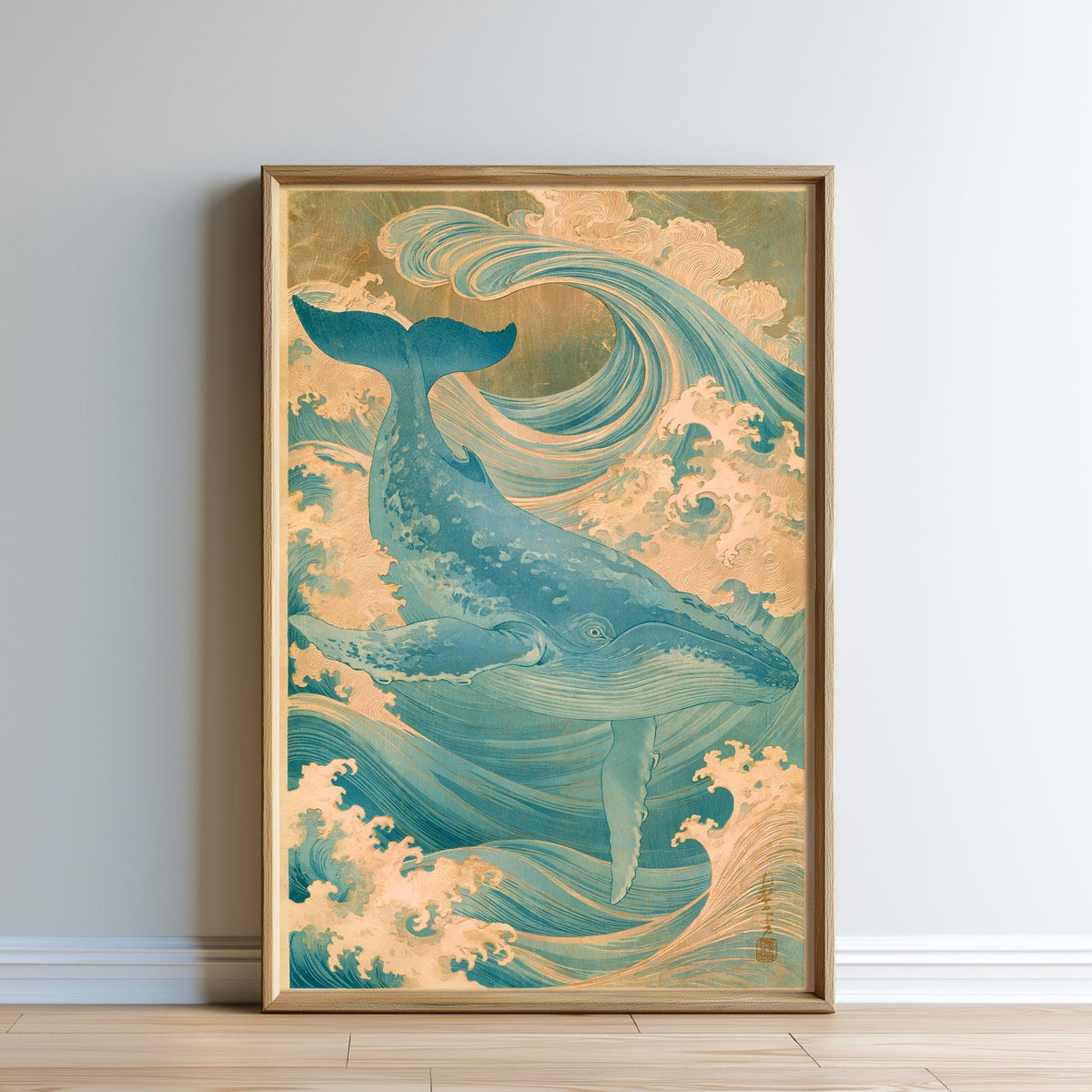 The image is a framed artwork depicting a large blue whale swimming amidst waves and clouds.