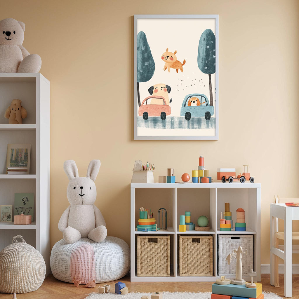 A cozy children's room with a white bookshelf, a plush rabbit, and a toy car on a shelf. Above the bookshelf is a framed picture of a cartoon scene with a dog, a car, and trees.