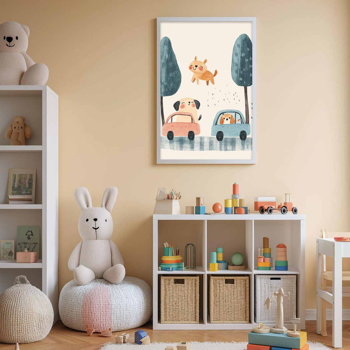 A cozy children's room with a white bookshelf, a plush rabbit, and a toy car on a shelf. Above the bookshelf is a framed picture of a cartoon scene with a dog, a car, and trees.