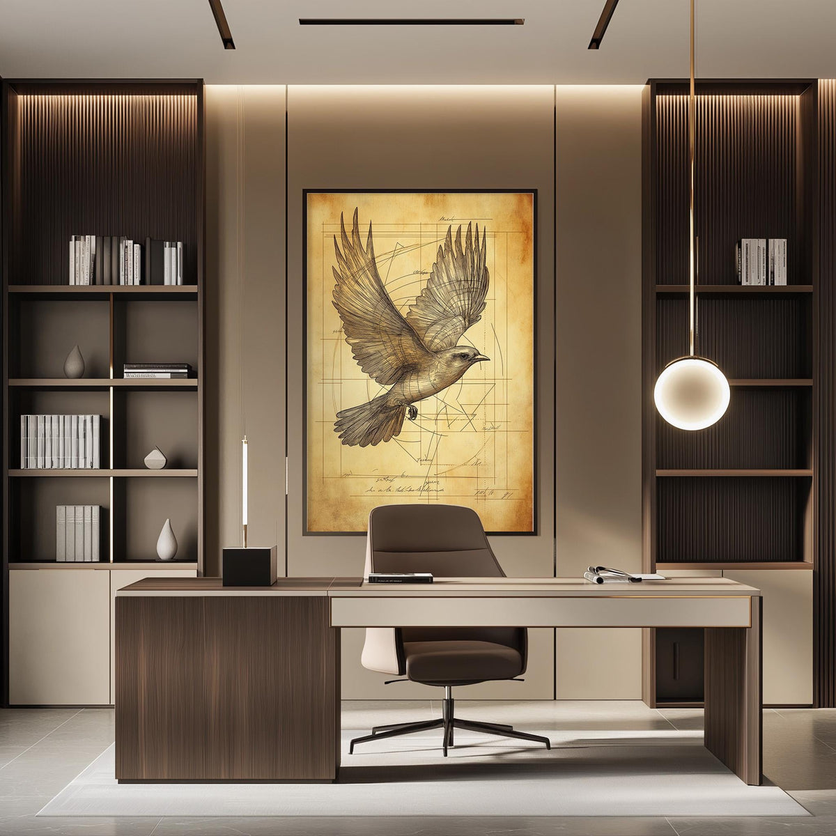 a modern and well-organized office space with a large framed drawing of a bird in flight on the wall, a wooden desk with a chair, and built-in bookshelves.