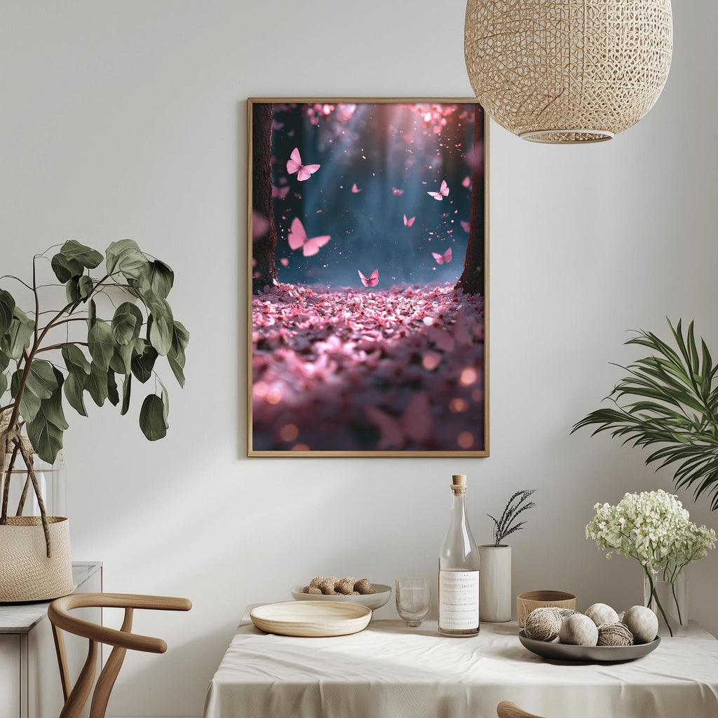 a serene and whimsical scene of pink flowers and butterflies in a forest setting, with a dining table and chairs in the foreground.