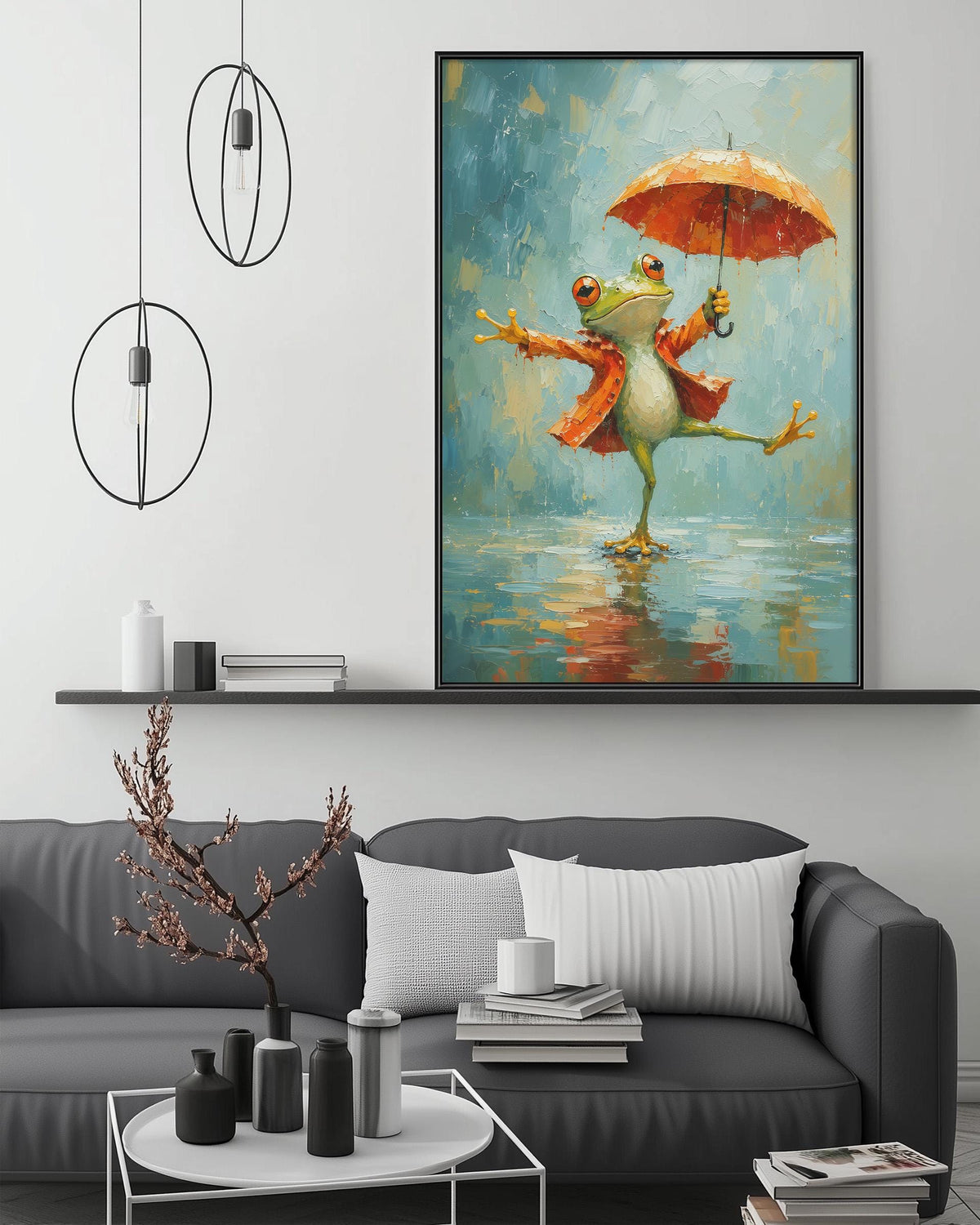 a cozy living room with a gray couch, a coffee table, and a large painting of a frog holding an umbrella. The painting is hanging on the wall above the couch, creating a warm and inviting atmosphere.