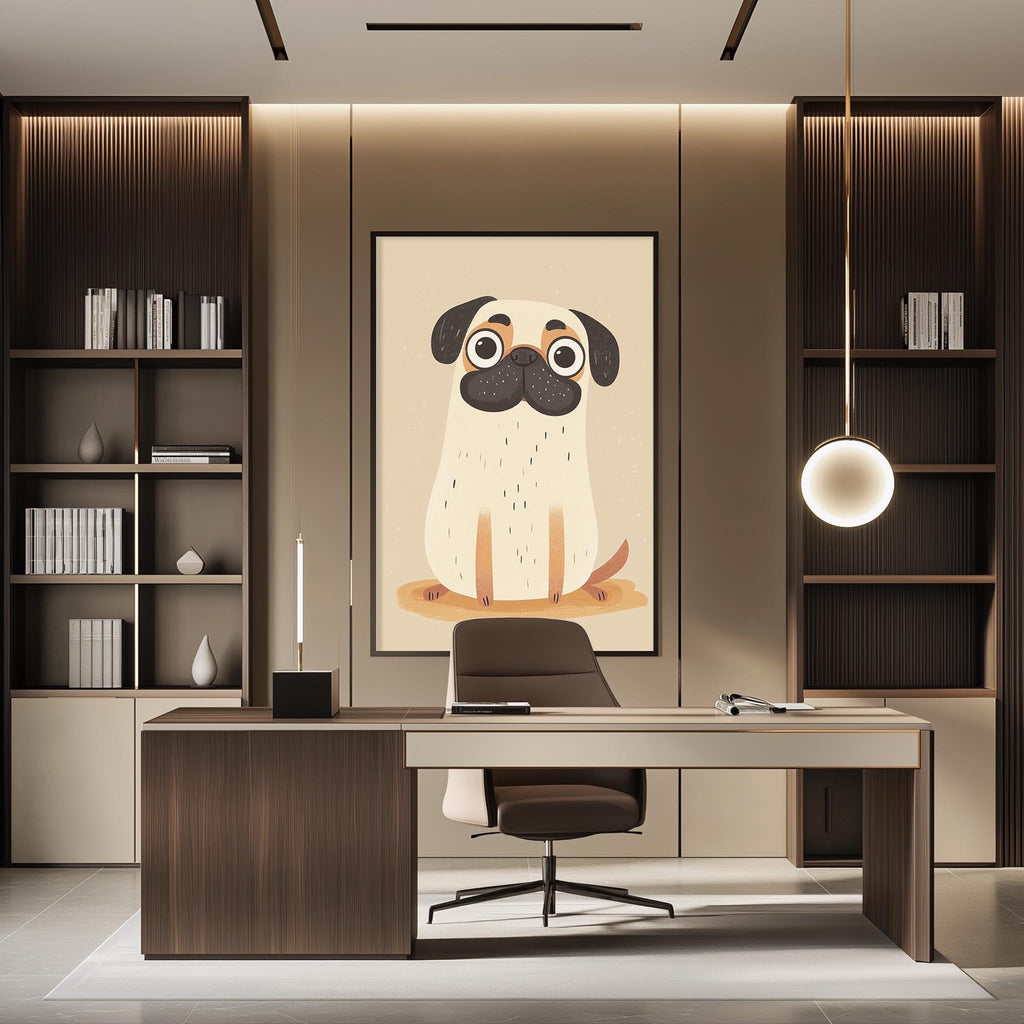 a modern office space with a large framed illustration of a pug dog on the wall. The office has a wooden desk, a chair, and a bookshelf filled with books. The overall design and decor create a comfortable and stylish workspace.