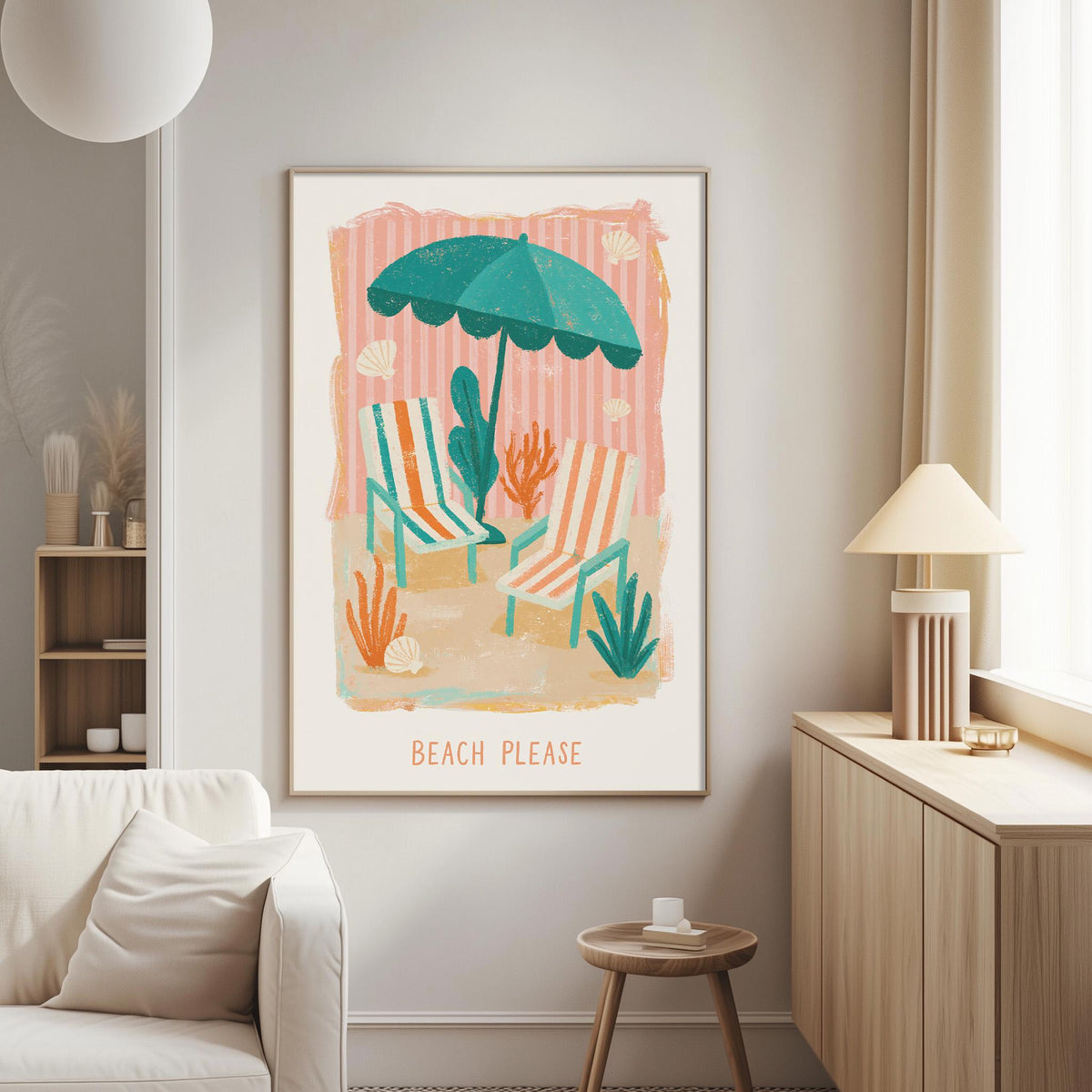 a living room with a large framed poster of a beach scene hanging on the wall. The poster depicts a beach chair and umbrella, surrounded by various beach-themed elements such as palm trees, seashells, and starfish. The poster also includes the text "BEACH PLEASE" at the bottom, suggesting a message of relaxation and enjoyment of the beach.