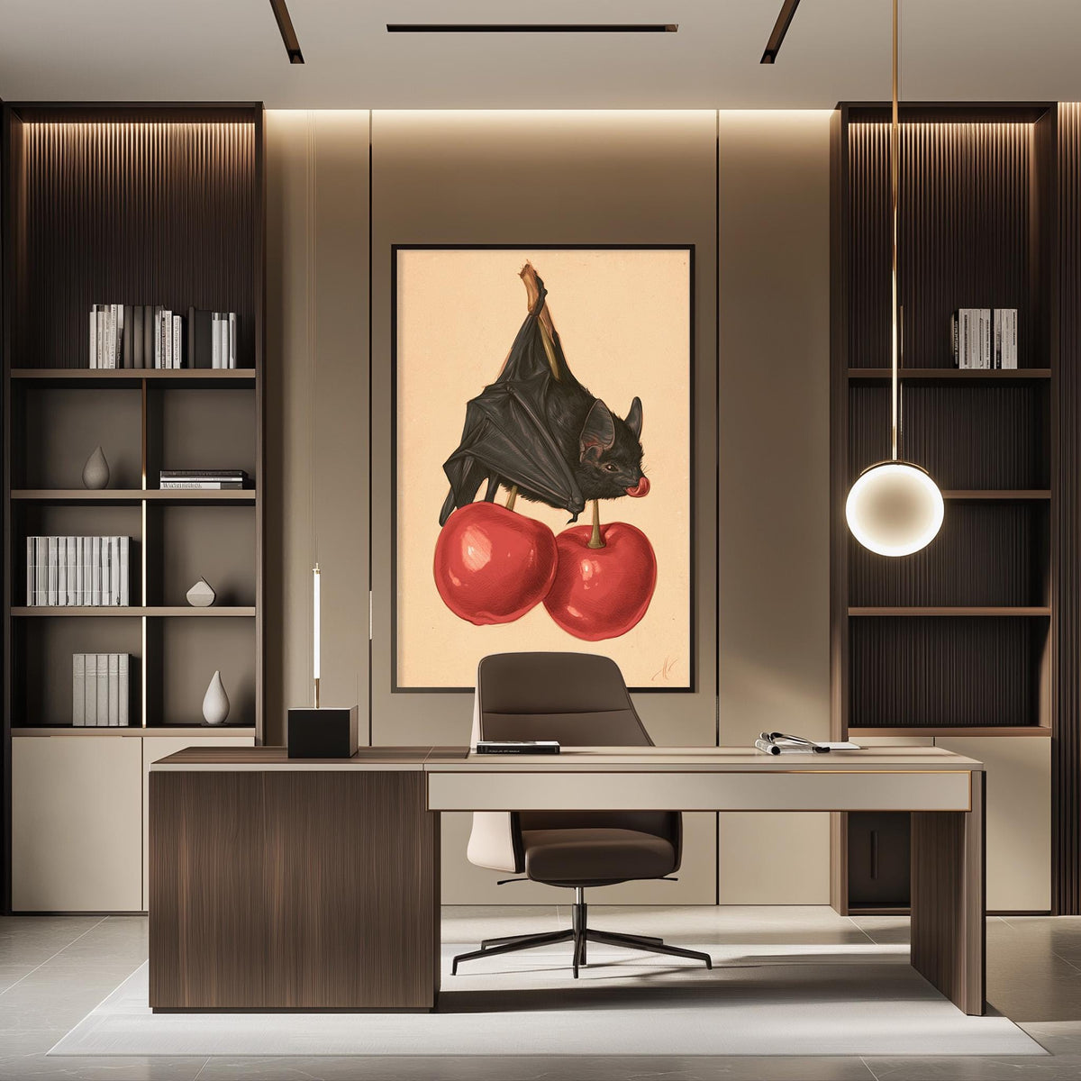 a modern office space with a large framed artwork of a bat perched on two cherries hanging on the wall. The office features a wooden desk, a comfortable chair, and a bookshelf filled with books. The overall design and decor create a professional and stylish atmosphere.