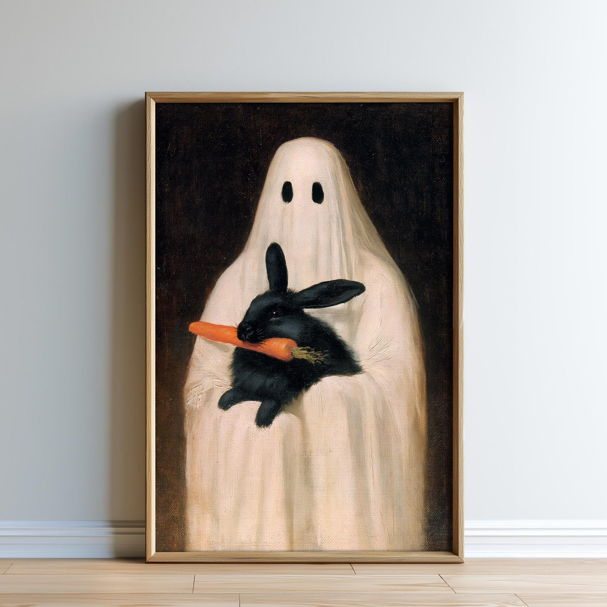 The image is a painting depicting a ghost holding a black rabbit in its hand, with a carrot in its mouth.