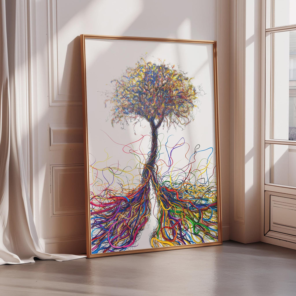 a large, colorful painting of a tree with vibrant, abstract roots extending outwards, creating a dynamic and visually striking composition.