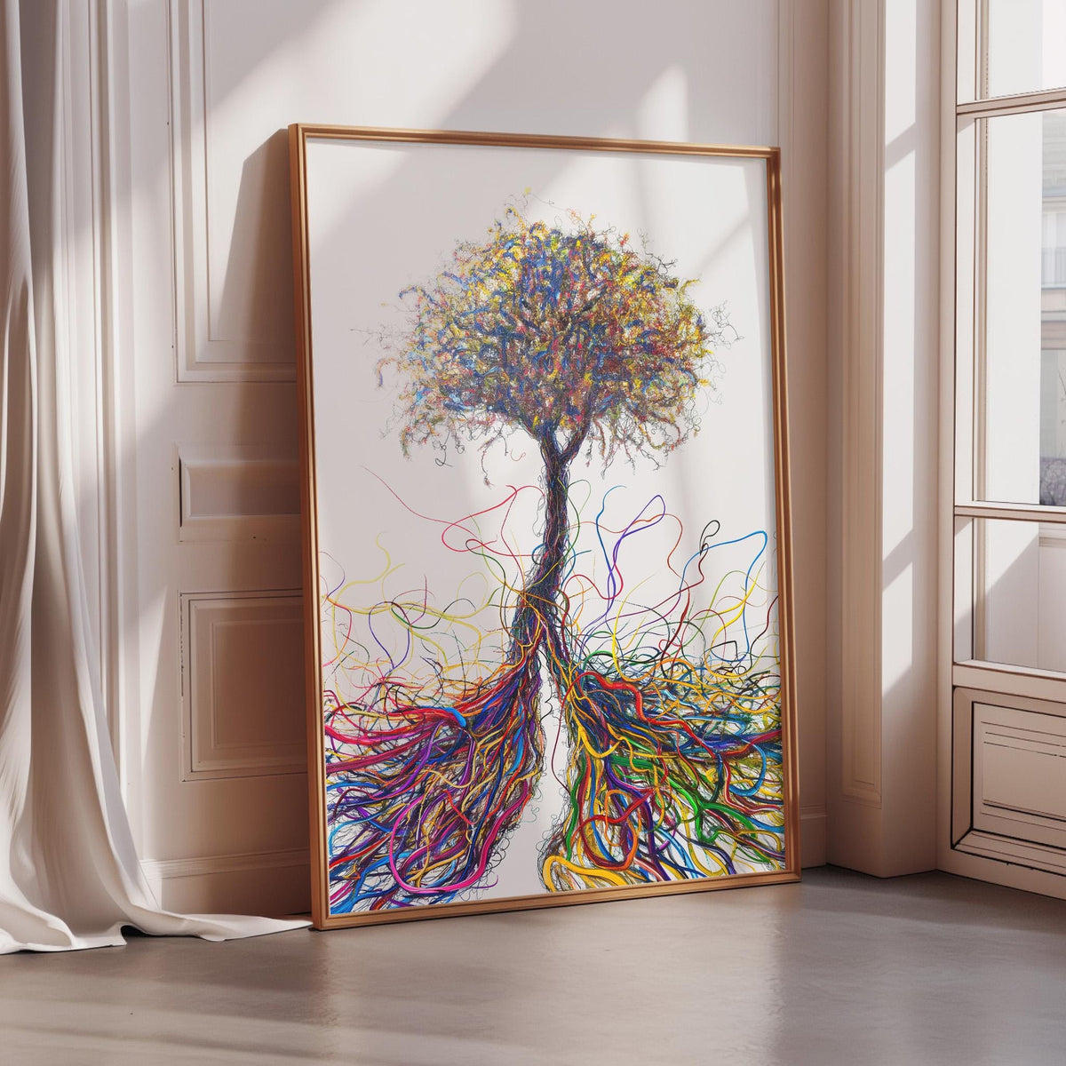 a large, colorful painting of a tree with vibrant, abstract roots extending outwards, creating a dynamic and visually striking composition.