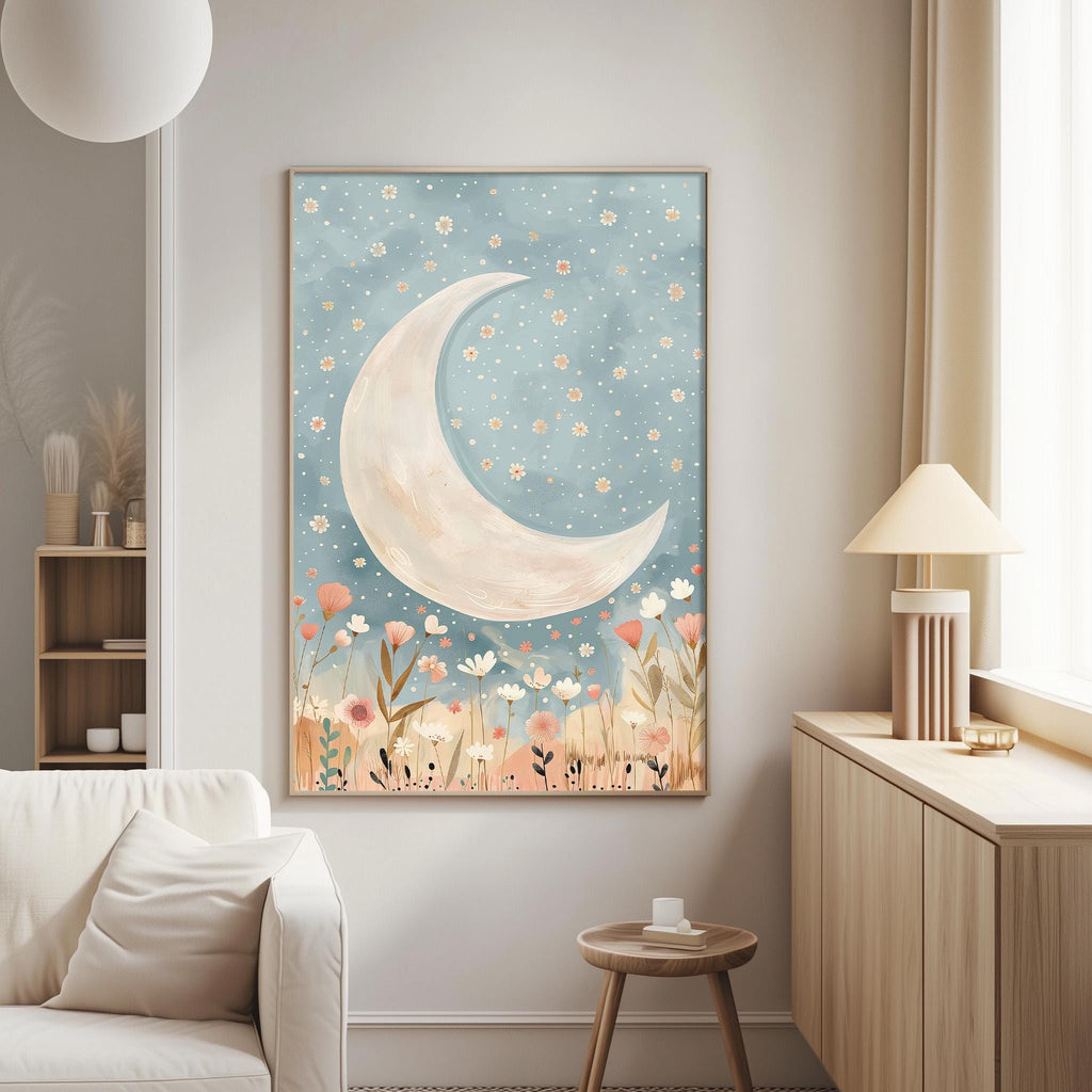 a large framed poster of a crescent moon and a night sky with stars, hanging on a wall in a living room.
