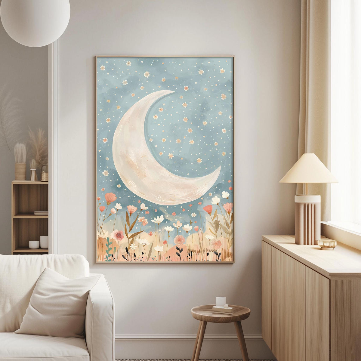 a large framed poster of a crescent moon and a night sky with stars, hanging on a wall in a living room.