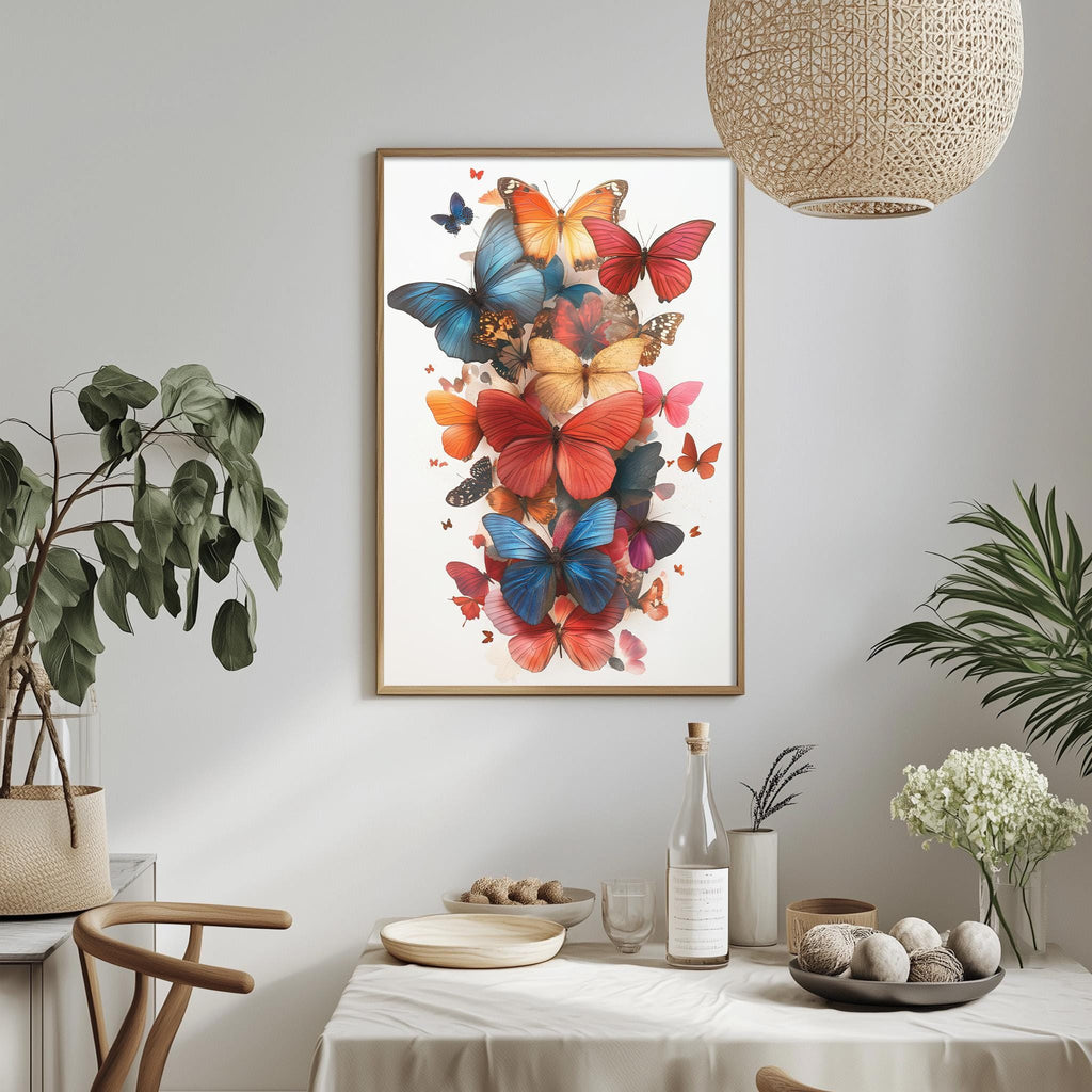 a vibrant and colorful painting of butterflies hanging on a wall above a dining table. The table is set with various items, including a bottle, a bowl, and a vase, creating a cozy and inviting atmosphere.