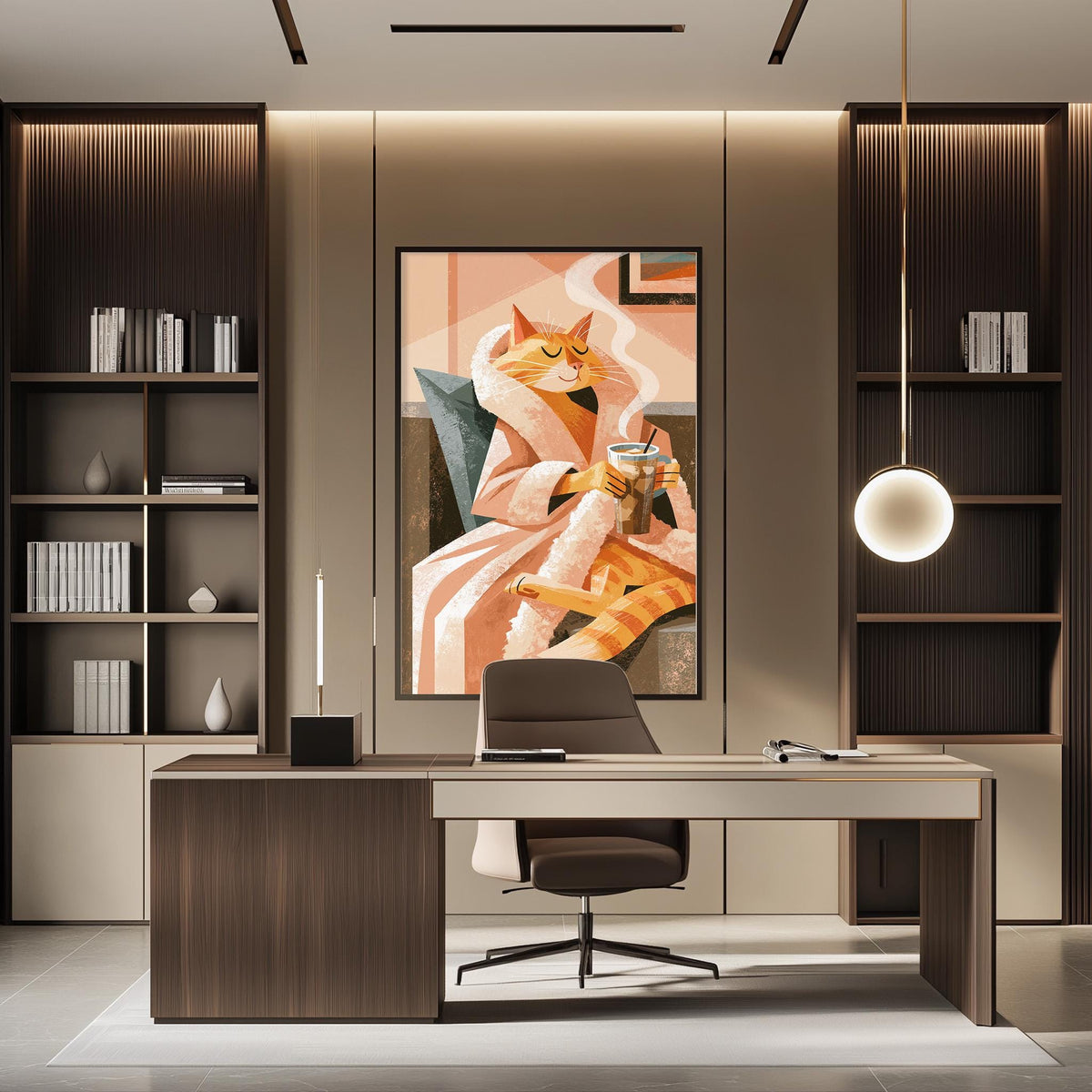 a modern and stylish office space with a large abstract painting of a cat as the focal point. The office features a wooden desk, a comfortable chair, and a bookshelf filled with books and decorative items. The overall design and decor create a sophisticated and contemporary atmosphere.