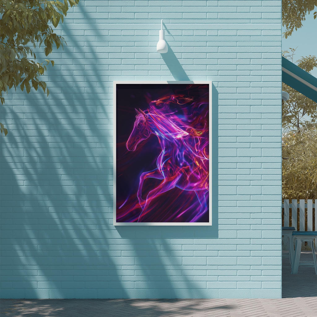 a vibrant, abstract painting of a horse with a fiery, neon-like glow on its mane and tail, set against a blue brick wall.