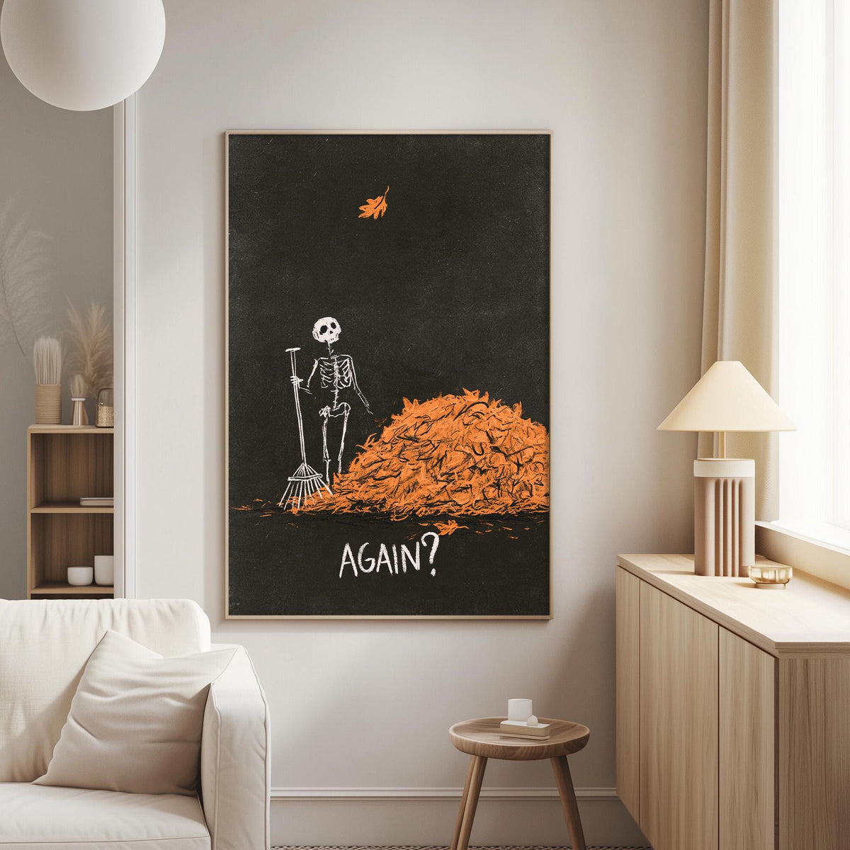 a skeleton standing in front of a pile of orange leaves, with the word "AGAIN?" written below the skeleton.