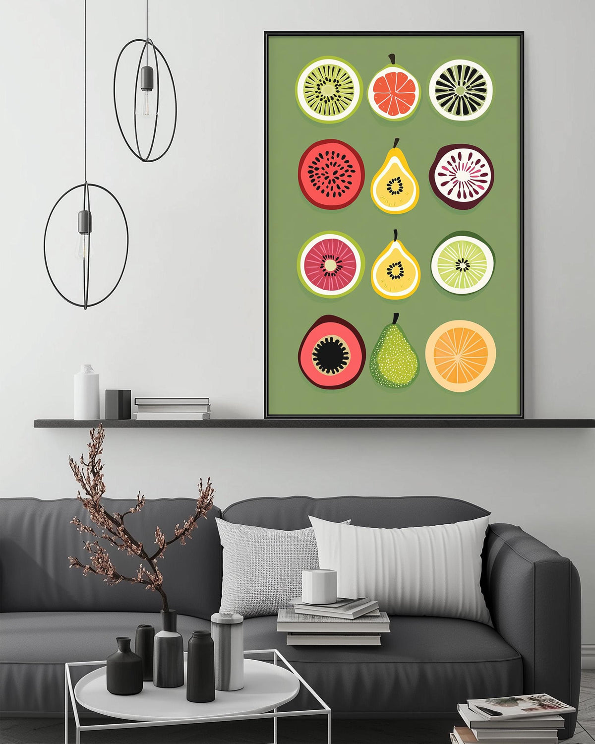 a modern living room with a gray sofa, a coffee table, and a large framed print of fruit slices on the wall above the sofa.