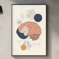a modern kitchen with a framed abstract art piece depicting a brain on the wall above a wooden cutting board and other kitchen items.
