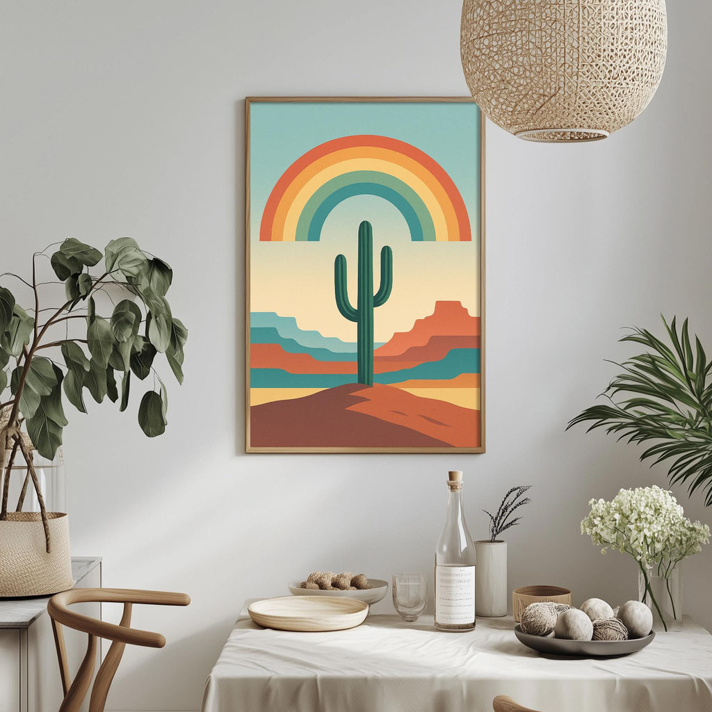 a desert landscape with a cactus in the center, surrounded by various decorative elements such as potted plants, vases, and bowls.