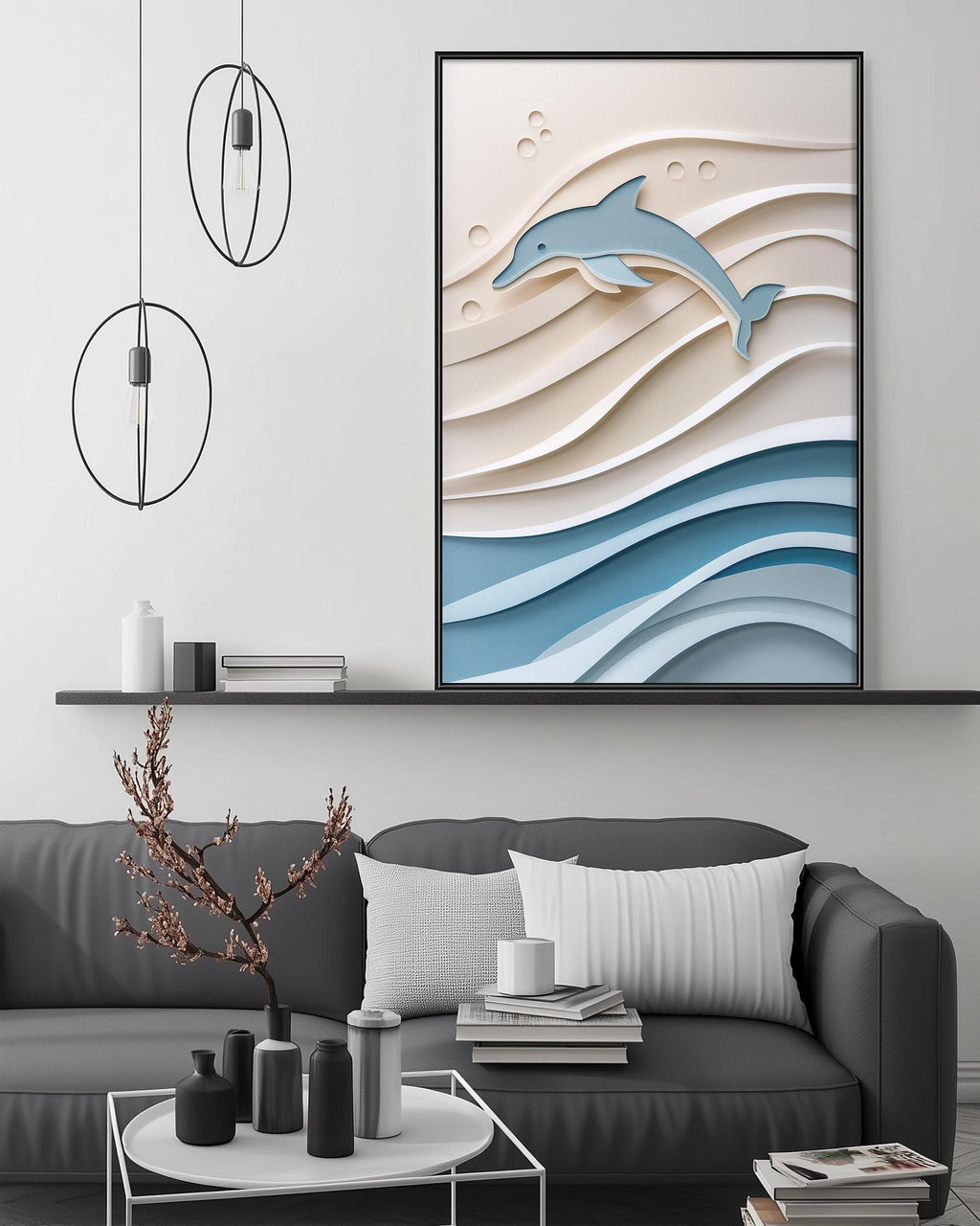 a modern living room with a gray sofa, a coffee table, and a large framed artwork depicting a dolphin swimming in the ocean.