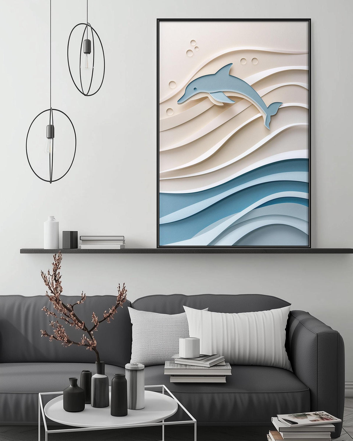 a modern living room with a gray sofa, a coffee table, and a large framed artwork depicting a dolphin swimming in the ocean.