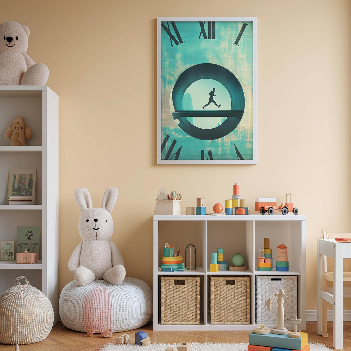 A cozy children's room with a large clock on the wall, a stuffed rabbit, a bookshelf filled with toys, and a colorful play area with various toys and storage bins.