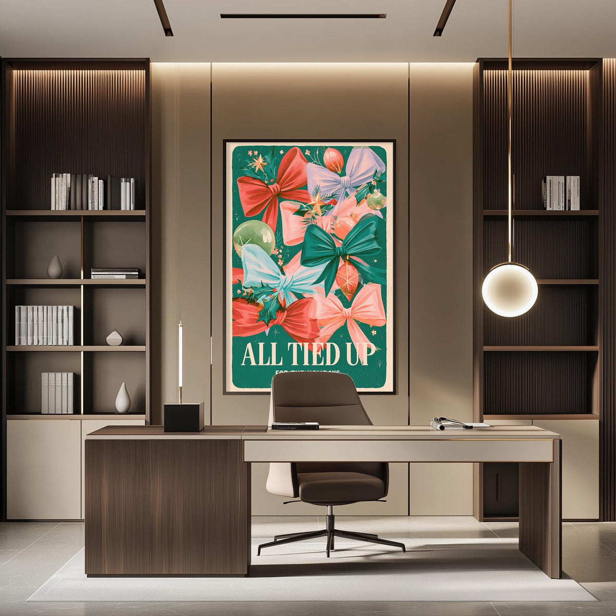 a modern office space with a large framed poster on the wall that says "ALL TIED UP". The office has a wooden desk, a chair, and a bookshelf. The overall design and decor of the space create a professional and stylish atmosphere.