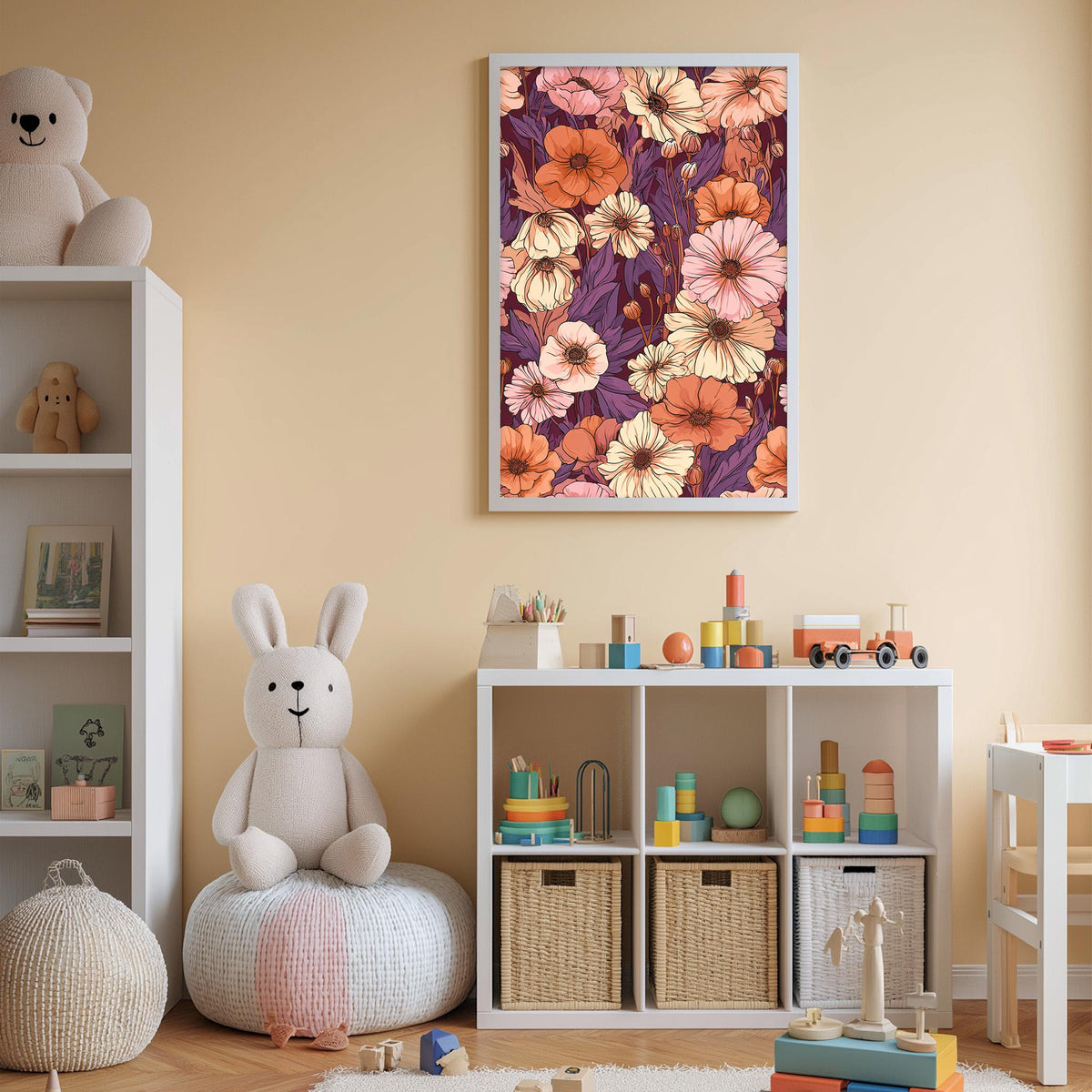 A cozy and colorful children's bedroom with a large floral print on the wall, a white bookshelf filled with toys, and a plush rabbit sitting on a bean bag chair.