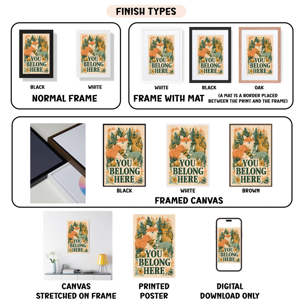 various types of artwork, including framed prints, canvas prints, and digital prints, each with different finishes and frame types.