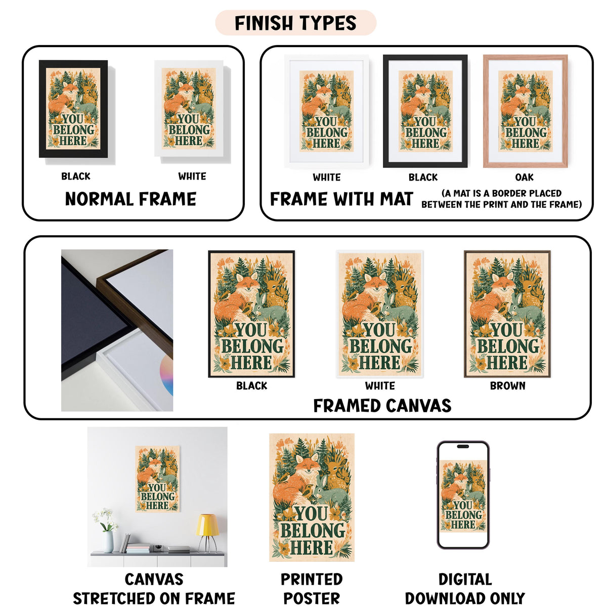 various types of artwork, including framed prints, canvas prints, and digital prints, each with different finishes and frame types.