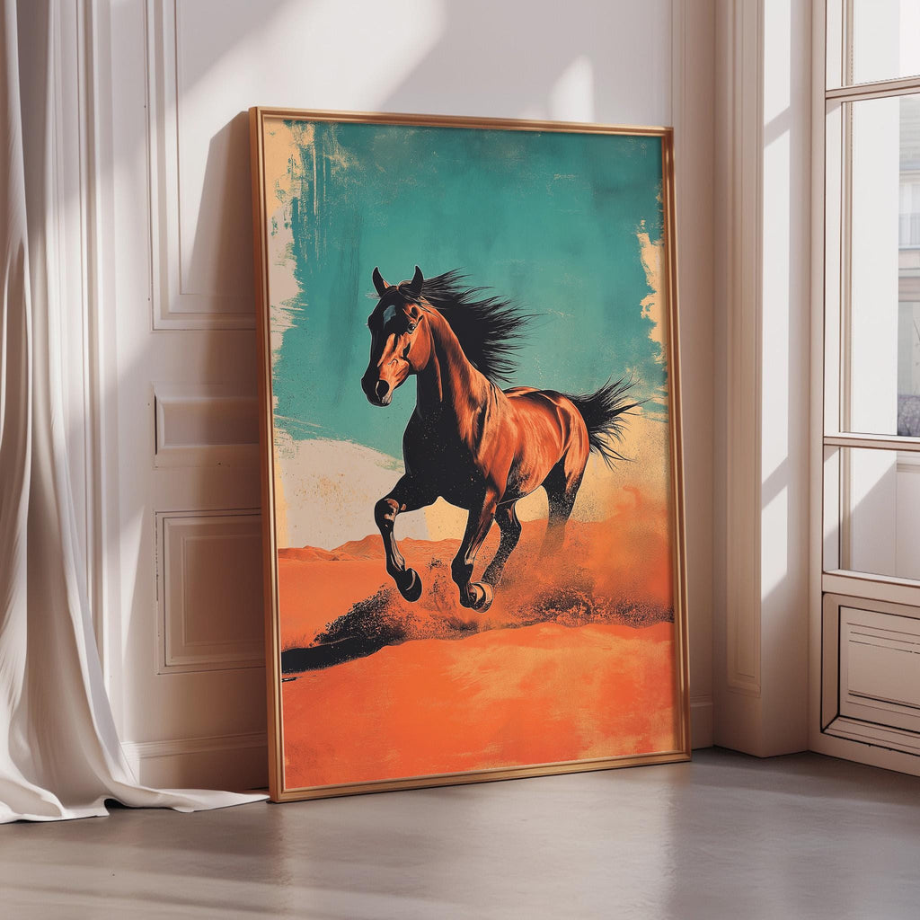 a large, framed painting of a horse in motion, with a vibrant green and orange background.
