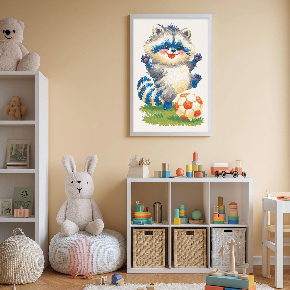 A child's bedroom with a large stuffed rabbit, a framed illustration of a raccoon, and a shelf filled with toys and storage bins.