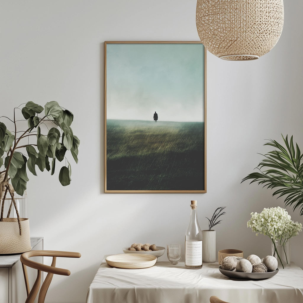 a serene indoor setting with a framed landscape photograph hanging on the wall, a dining table with a vase of flowers, a bottle of wine, and a bowl of fruit.