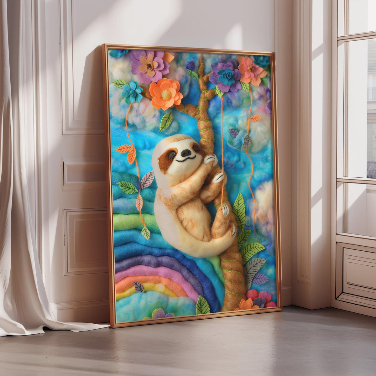A framed painting depicting a sloth hanging from a tree with colorful flowers and leaves.