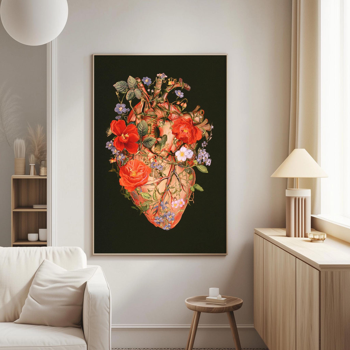 a large, vibrant floral painting hanging on a wall in a living room.