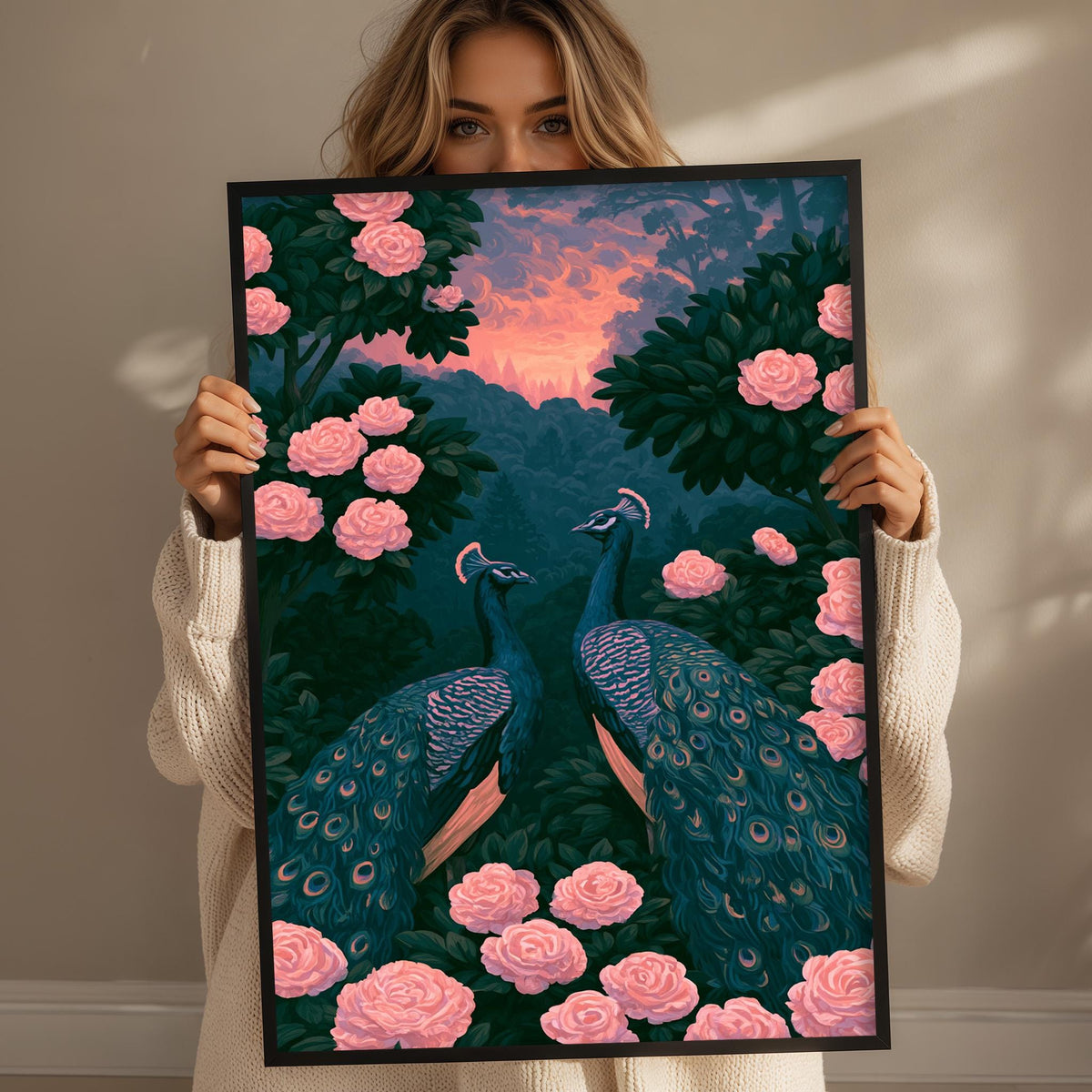 A woman holds up a framed painting depicting two peacocks with vibrant green and blue feathers, surrounded by pink roses and a colorful sunset sky.