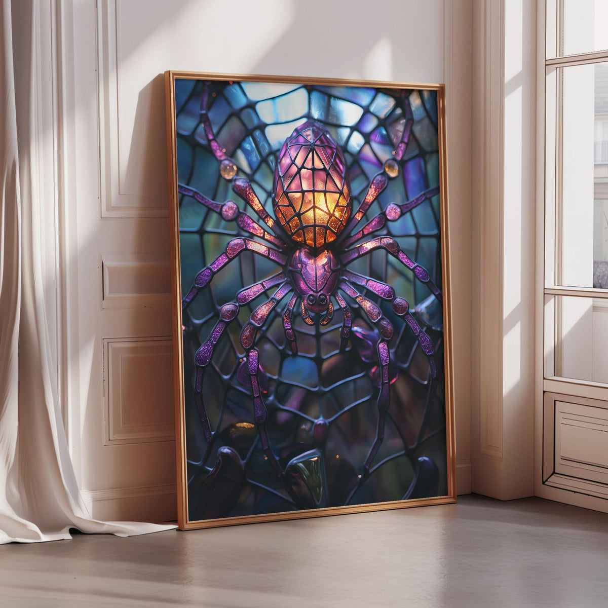A framed artwork depicting a detailed, colorful spider with intricate patterns and designs.
