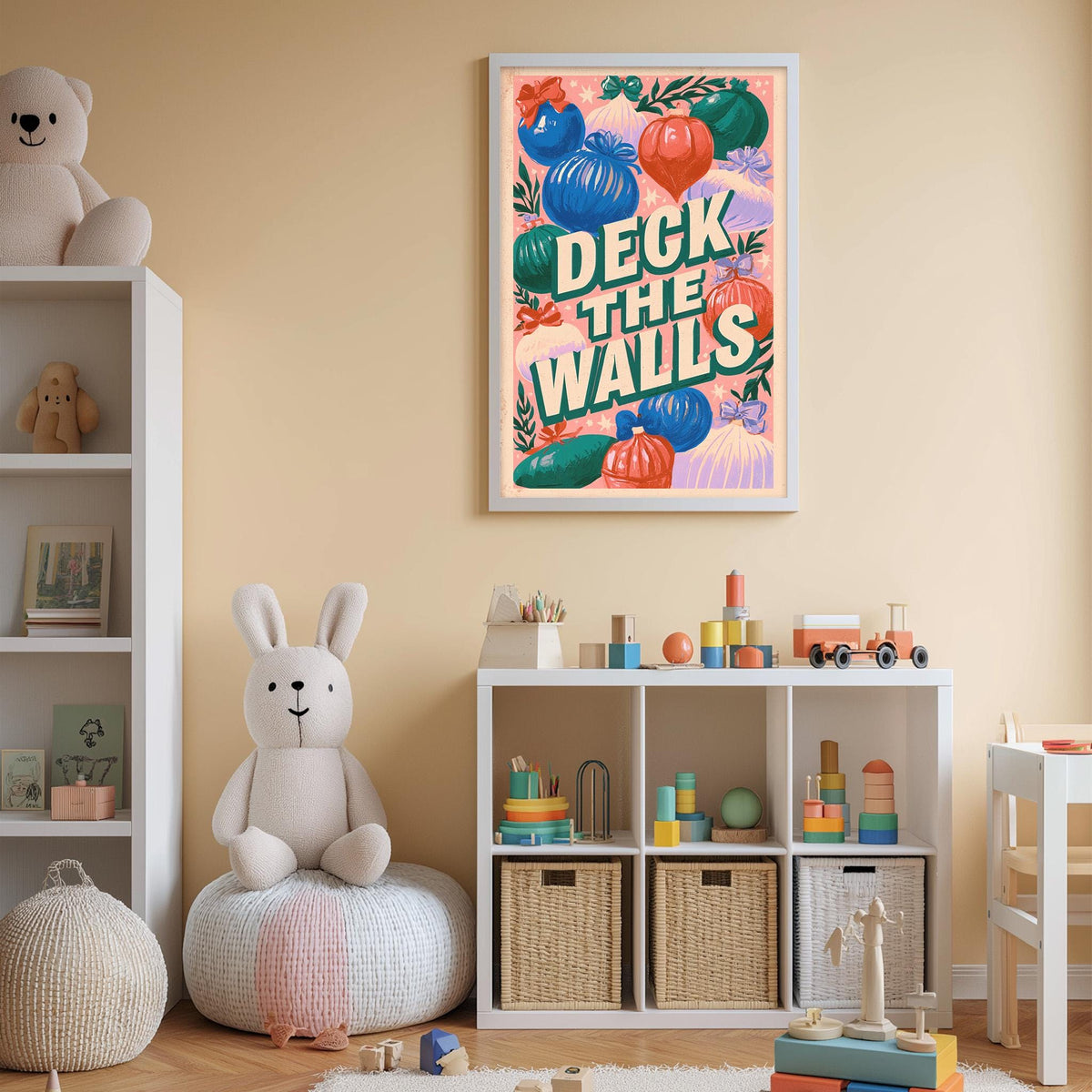 A child's bedroom with a white bookshelf, a stuffed rabbit, and a colorful poster on the wall. The poster features the text "DECK THE WALLS" and includes illustrations of pumpkins, leaves, and other fall-themed objects.