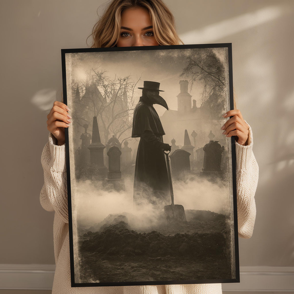 A woman holds up a framed image depicting a figure in a long black cloak and mask, standing in a foggy graveyard.