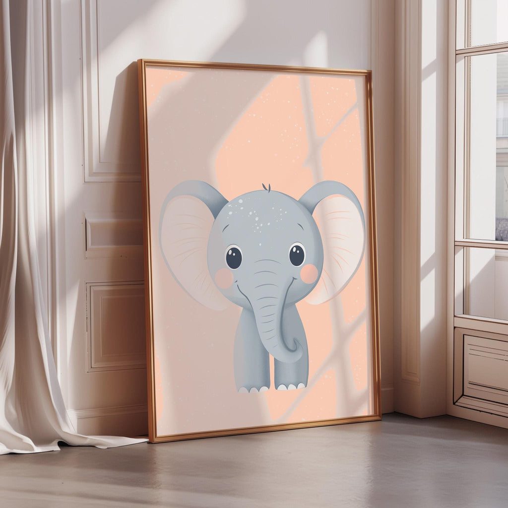 a framed illustration of a cute elephant with large ears and a small trunk, set against a peach-colored background.